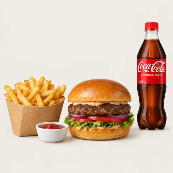 Johns Klassiker mit Burger, Pommes Frites, Ketchup-Dip und Coca-Cola 0,5 l