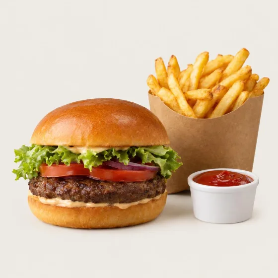 Johns Klassiker Solo mit Burger, Pommes Frites und Ketchup-Dip
