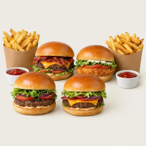 Johns Family Deal mit vier Burgern, Süßkartoffel-Pommes, Onion Rings und zwei Dips