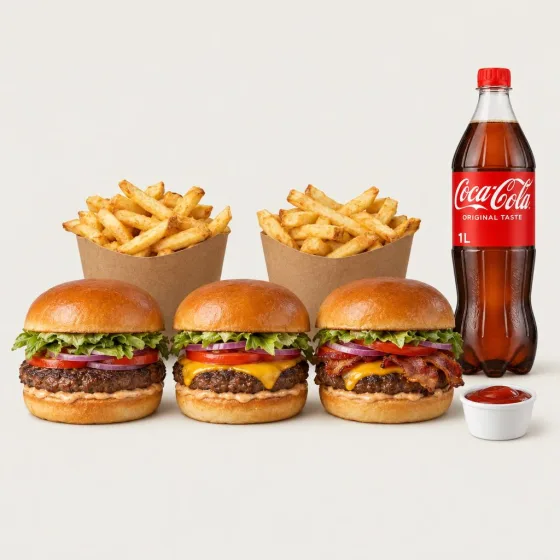 Johns 3·2·1 mit drei Burgern, Loaded Fries, Mozzarella Sticks und Coca-Cola 1,0 l