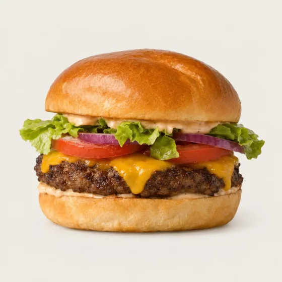 Johns Cheeseburger mit Rind-Patty, geschmolzenem Cheddar, Salat und Tomate