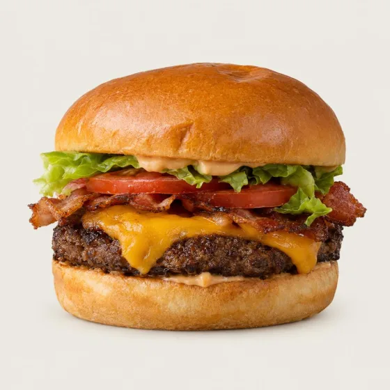 Johns Bacon Cheeseburger mit Cheddar, krossem Bacon, Salat und Tomate