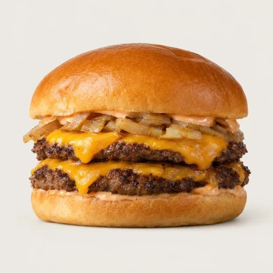 Johns Double Cheeseburger mit zwei Rind-Patties, doppelt Cheddar und roten Zwiebeln
