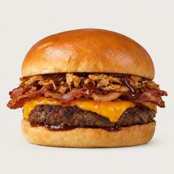 Johns BBQ Bacon Burger mit Cheddar, Bacon, Röstzwiebeln und BBQ-Sauce