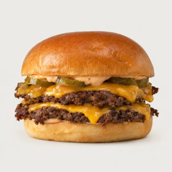 Johns Smash Double mit zwei flach gedrückten Patties, Cheddar und Pickles