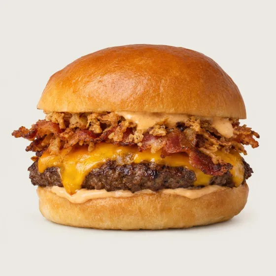 Johns Hausburger mit Rind-Patty, Cheddar, Bacon, Röstzwiebeln und Johns Spezialsauce