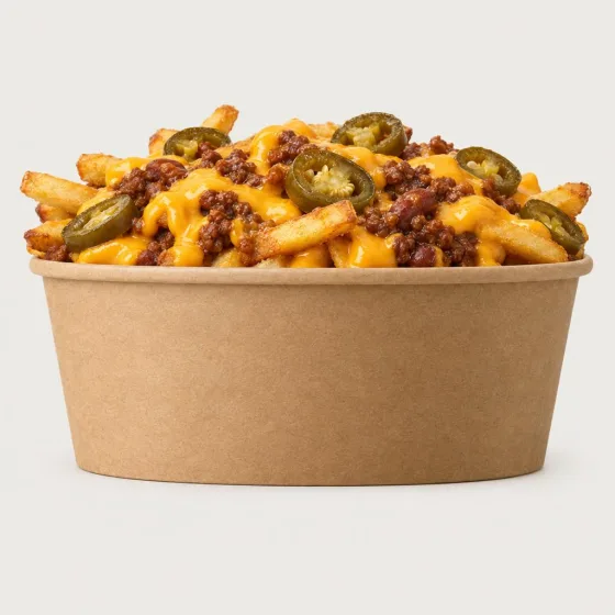 Chili-Cheese-Fries von John’s Burger mit Käsesauce und Jalapeños