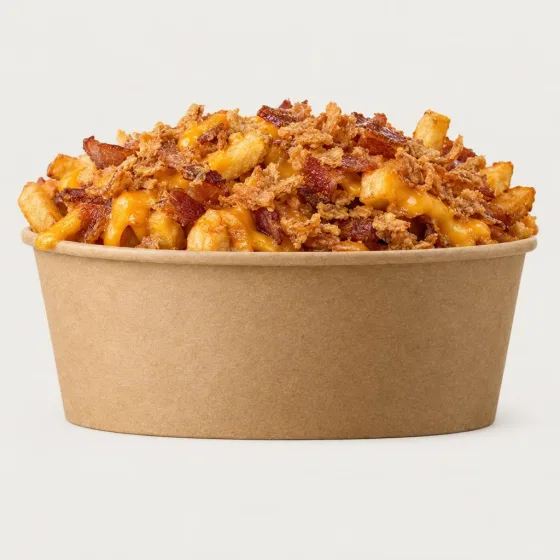 Loaded Fries von John’s Burger mit Cheddar, Bacon und Röstzwiebeln