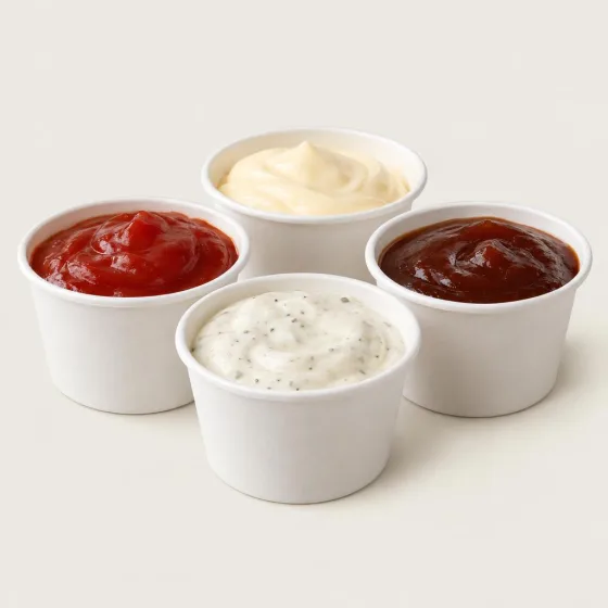 Vier Dips von John’s Burger in kleinen Schalen: Ketchup, Mayo, BBQ und Knoblauch