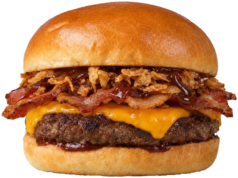 Johns BBQ Bacon Burger mit Cheddar, Bacon, Röstzwiebeln und BBQ-Sauce