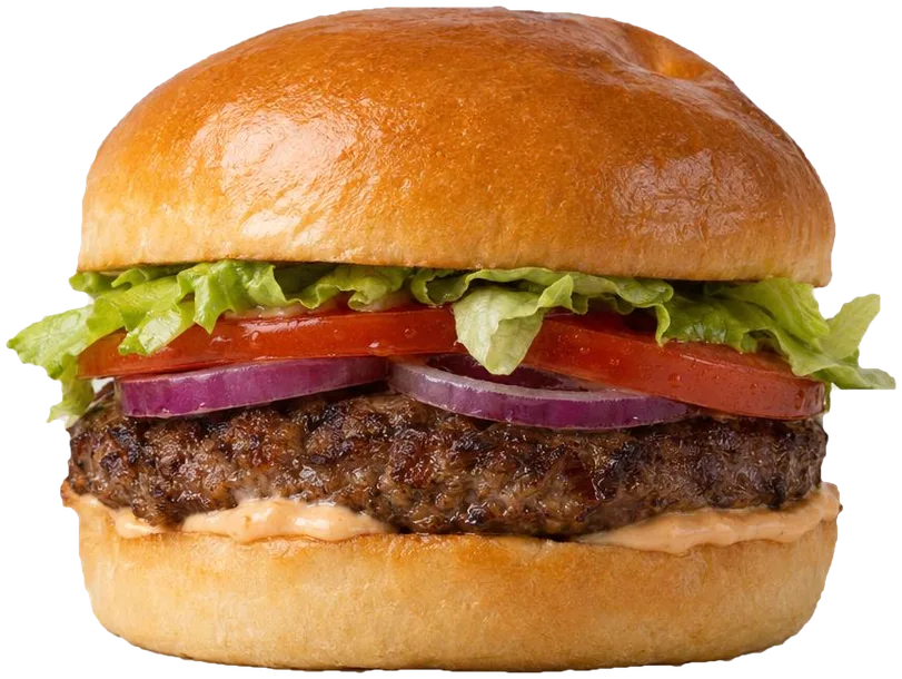 Johns Hamburger mit Rind-Patty, Salat, Tomate und roten Zwiebeln